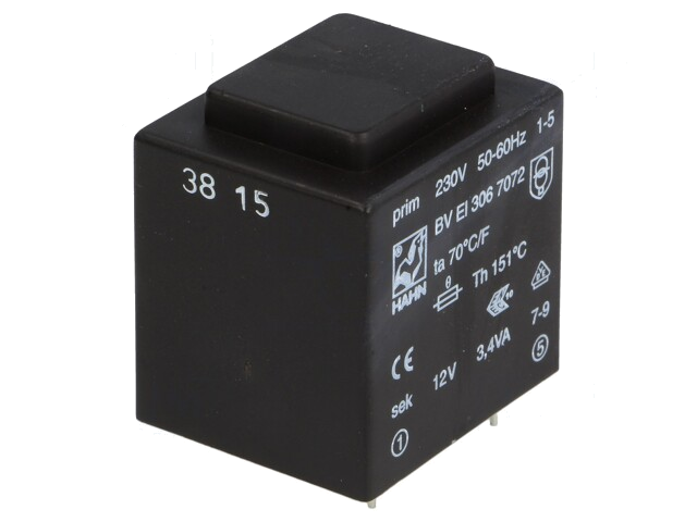 Transformator: ingegoten; 3,4VA; 230VAC; 12V; 283mA; PCB; BVEI Transformator: ingegoten; 3,4VA; 230VAC; 12V; 283mA; PCB; BVEI